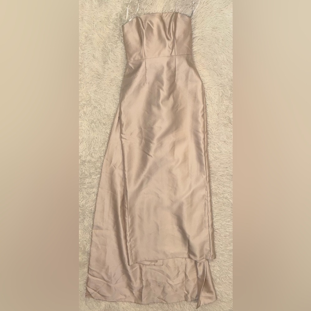 NEW Alfred Sung Strapless Satin Twill Column Gown Removable Train Sz 8 Champagne - Picture 2 of 6